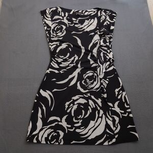WHBM Women S Black White Floral Rose Ruffle Short Sleeve Midi Sheath Dress
